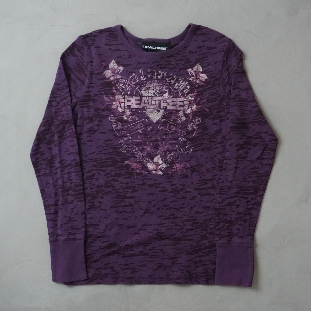 Realtree Camo Thermal Shirt Small Womens Purple Long Sleeve Waffle Knit Y2K